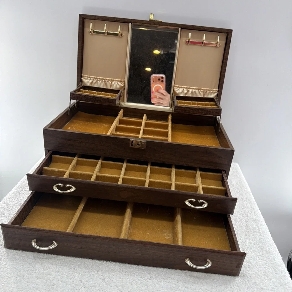 Midcentury Leatherette Large Drawer Jewelry Box, With Mirror 16x9x6.5